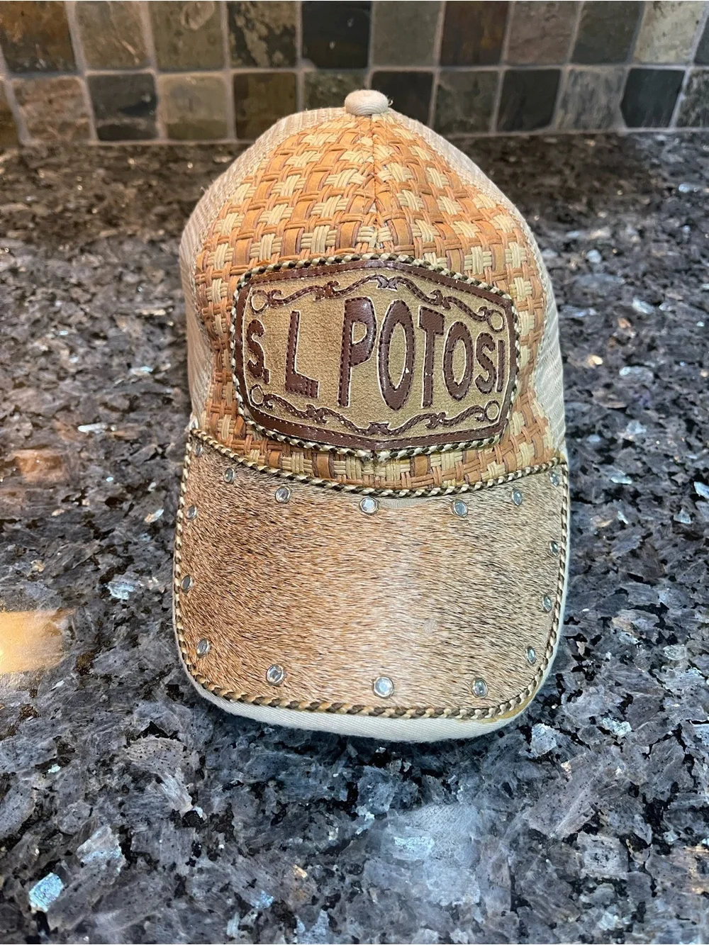 SL Potosi Women's Tan Cowhide Woven Trucker Cap with Stud Detail SnapBack